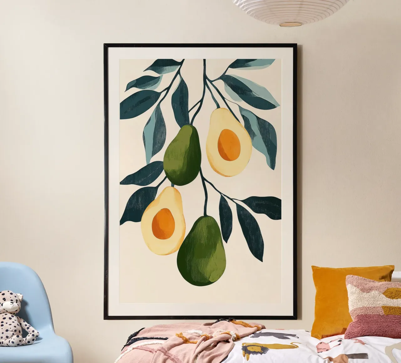 Illustrazione di avocado con foglie poster con telaio in plastica da Melloi Art Print