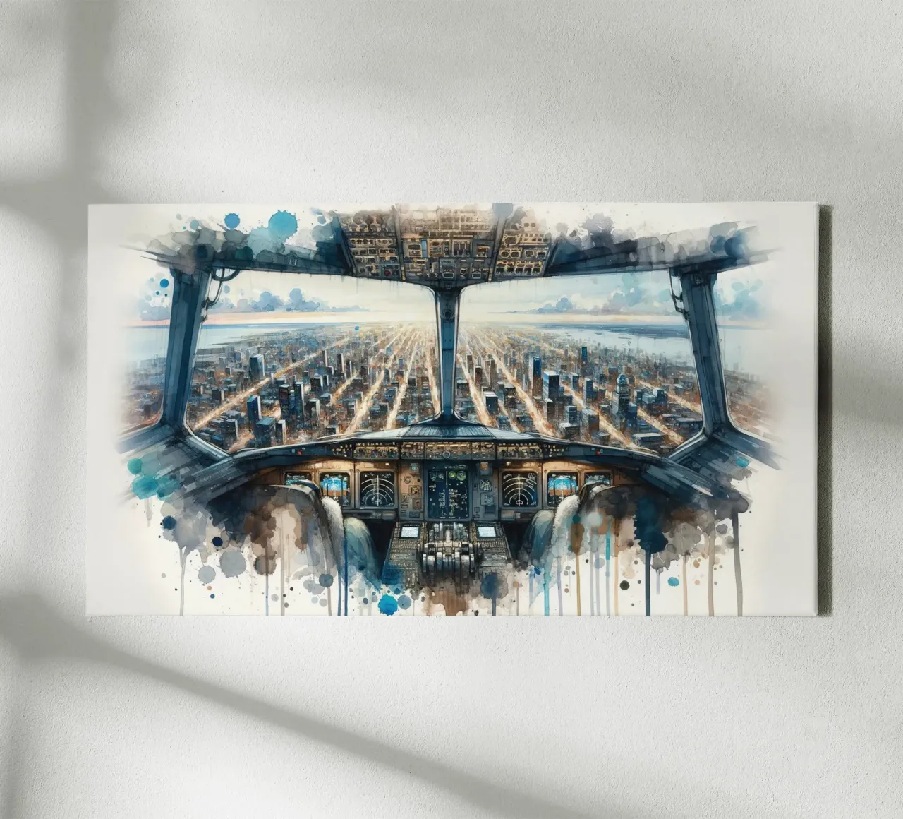 Stadsgezicht vanuit vliegtuigcockpitraam canvas van Chromatic Fusion Studio