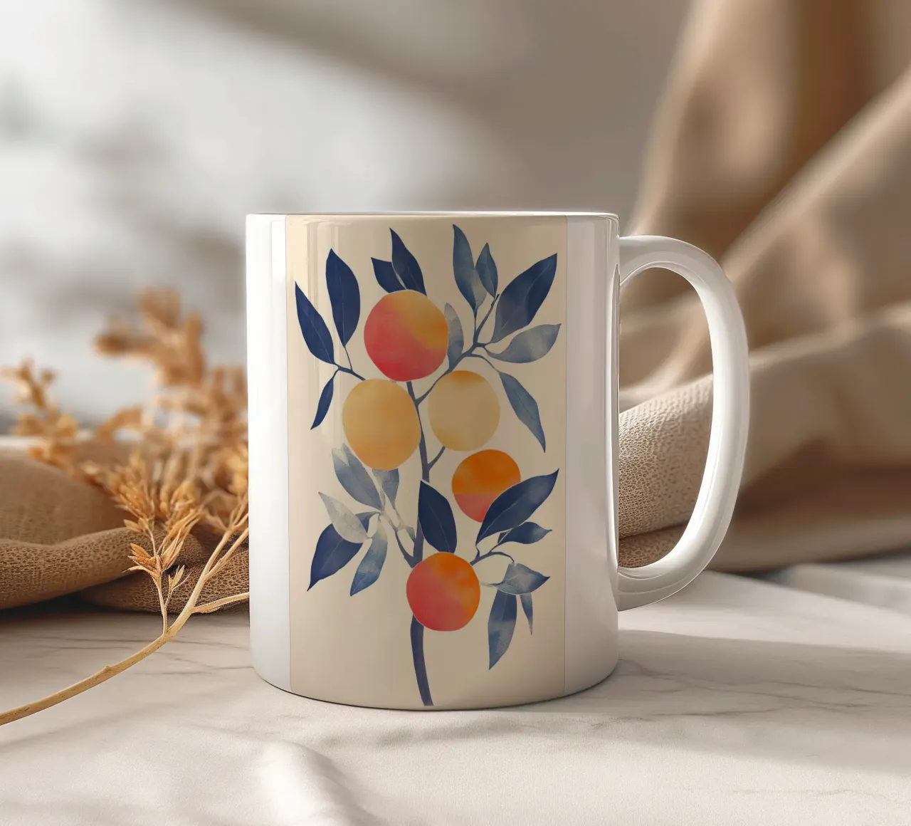Albero arancione con foglie blu tazza in ceramica da Melloi Art Print