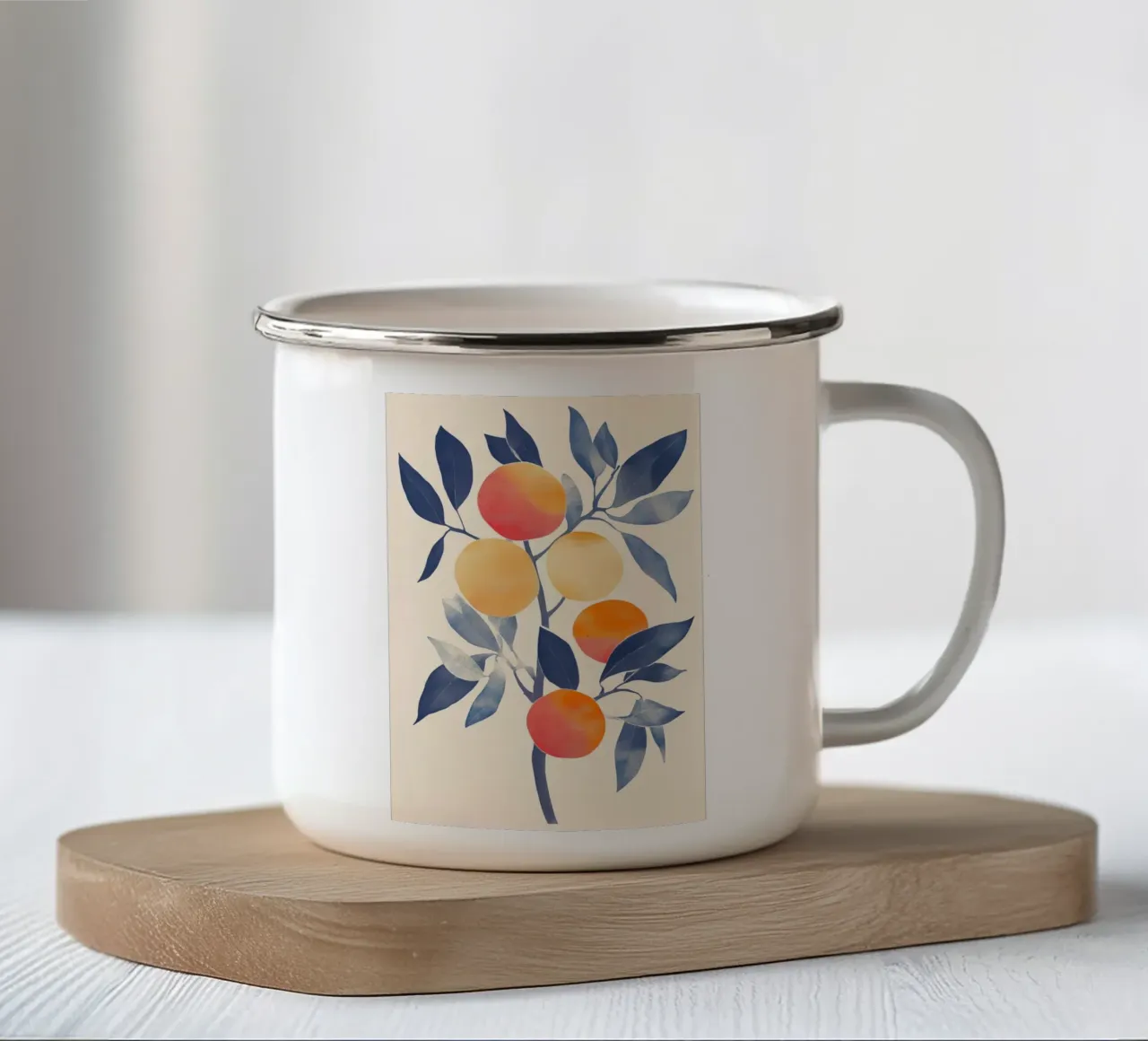 Albero arancione con foglie blu tazza in smalto da Melloi Art Print
