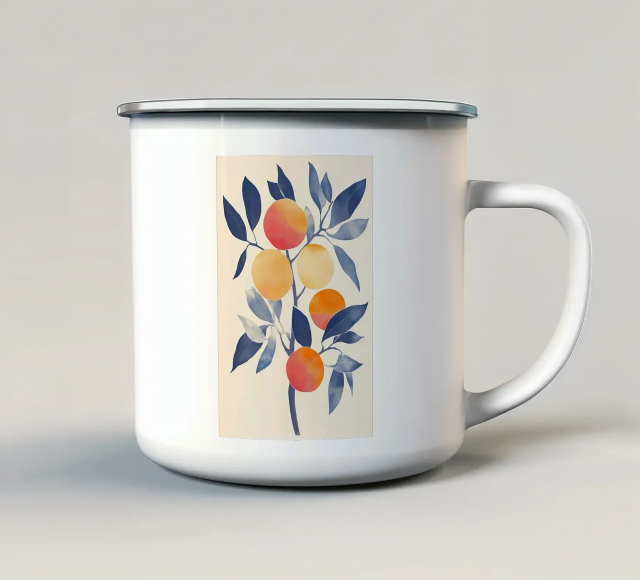 Albero arancione con foglie blu tazza in smalto da Melloi Art Print