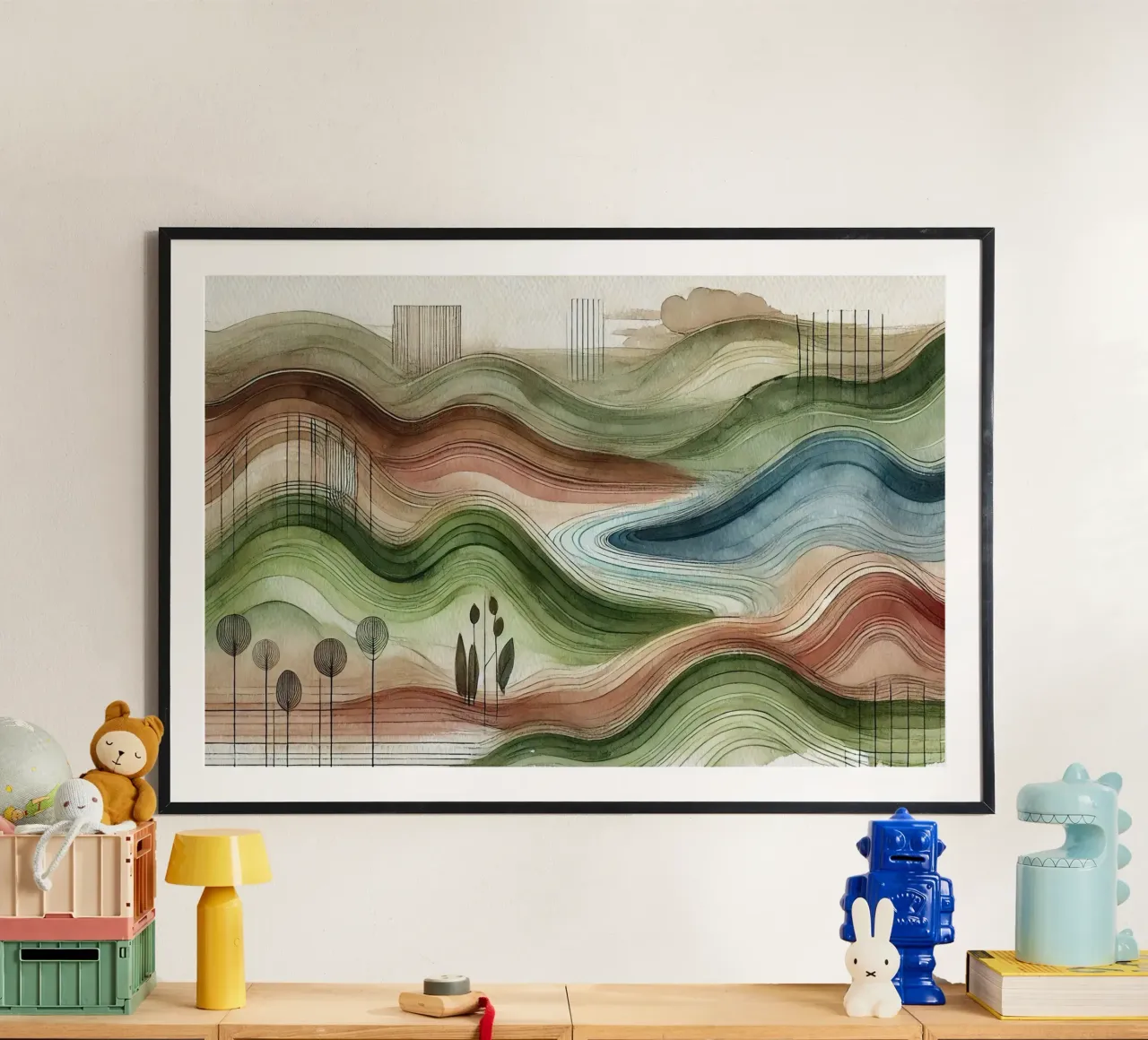 Abstracte natuur in art deco poster met houten frame van Chromatic Fusion Studio