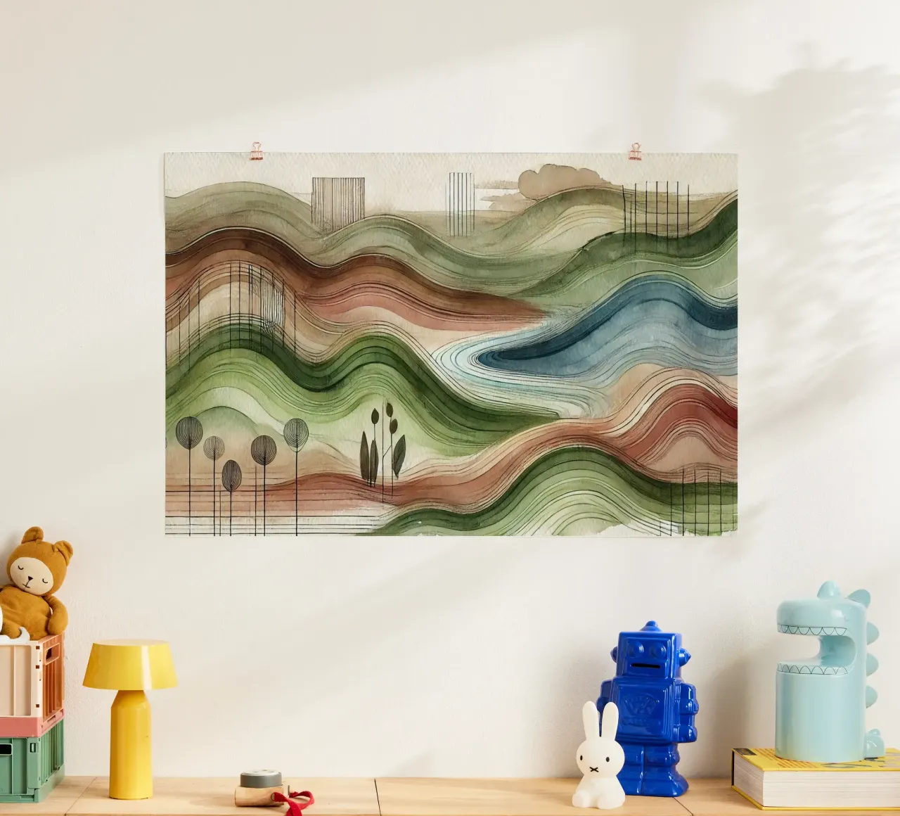 Abstracte natuur in art deco poster met houten frame van Chromatic Fusion Studio