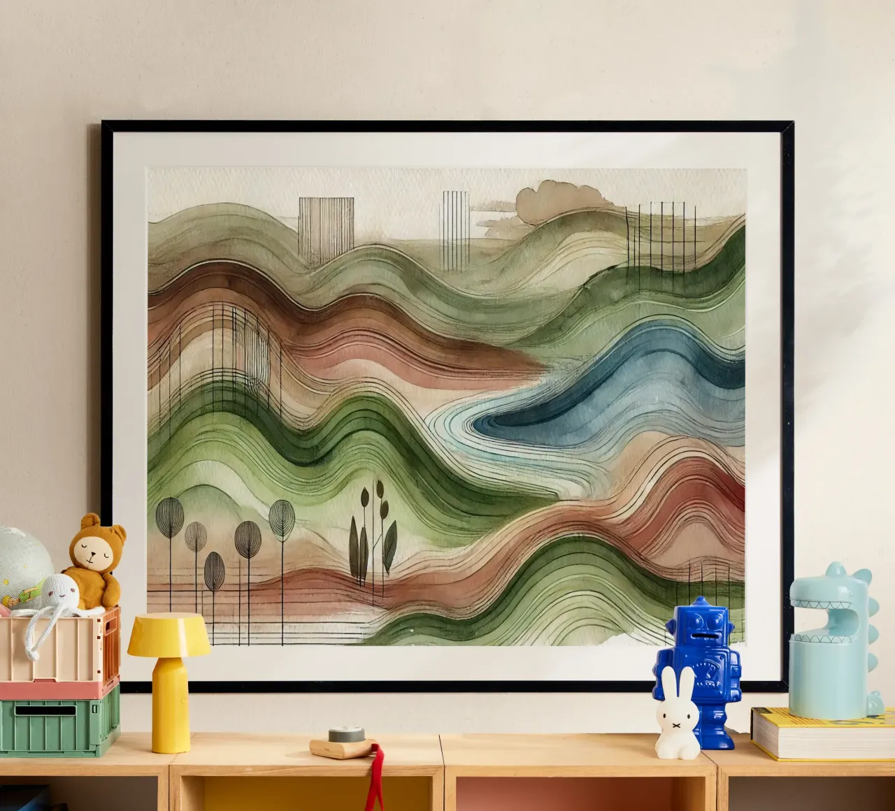 Abstracte natuur in art deco poster met houten frame van Chromatic Fusion Studio