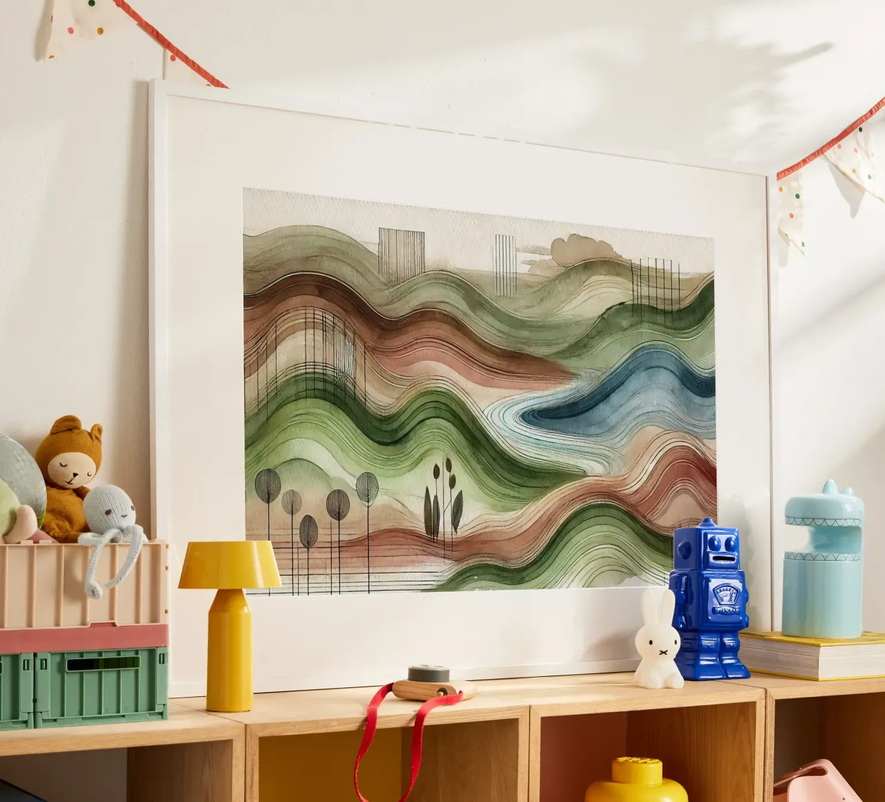 Abstracte natuur in art deco poster met houten frame van Chromatic Fusion Studio