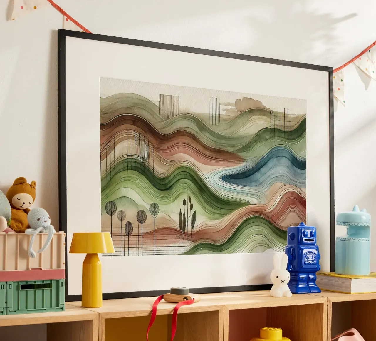 Abstracte natuur in art deco poster met houten frame van Chromatic Fusion Studio
