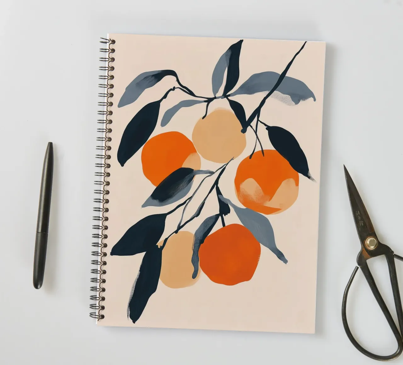 Botanical Illustration of Oranges on Branch with Leaves spiral notebook by Melloi Art Print