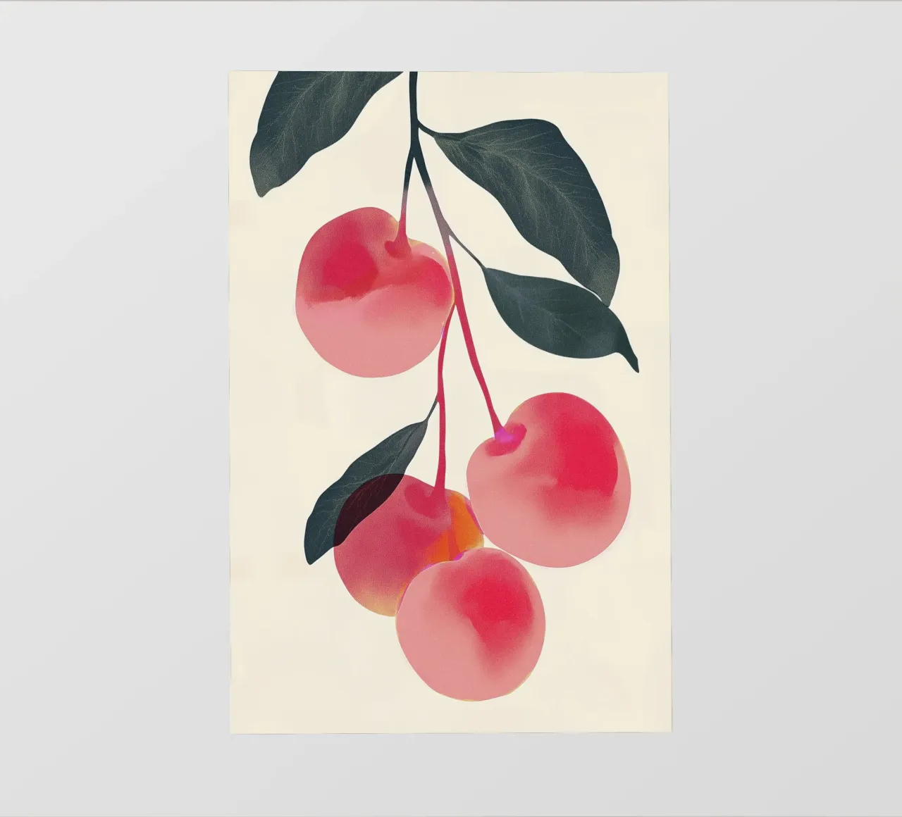 Ciliegie con foglie verdi illustrazione pellicola backlit da Melloi Art Print