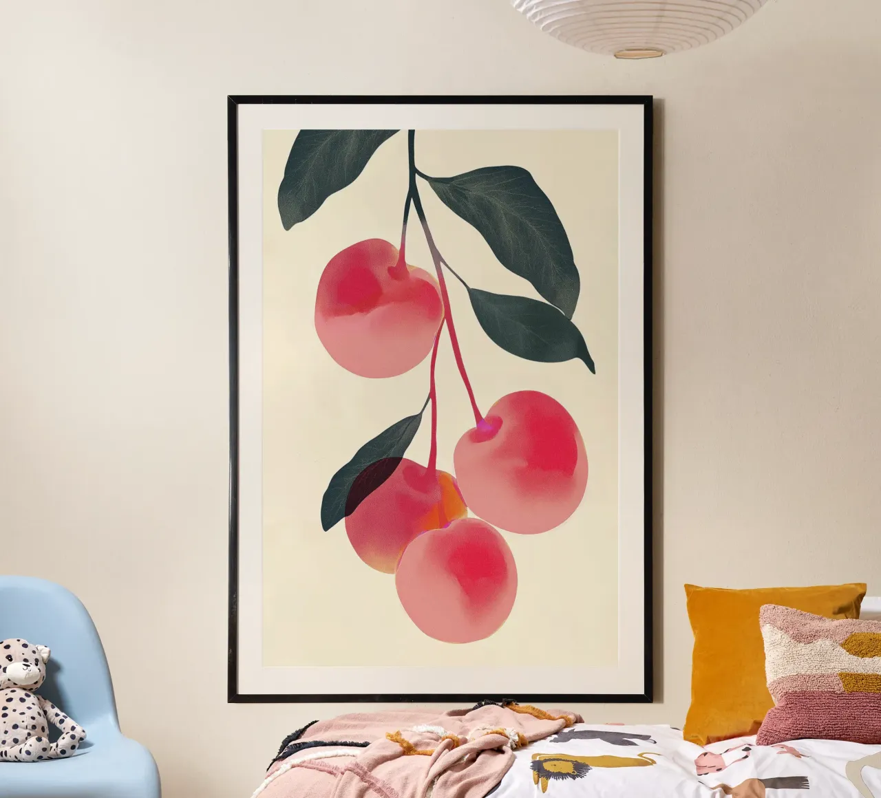 Ciliegie con foglie verdi illustrazione poster con telaio in plastica da Melloi Art Print