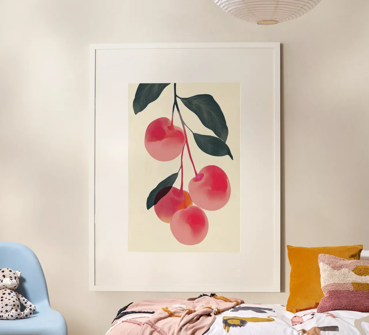 Ciliegie con foglie verdi illustrazione poster con telaio in plastica da Melloi Art Print