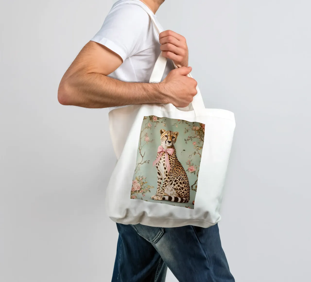 Ghepardo con fiocco rosa borsa in juta da IamHomeStudio