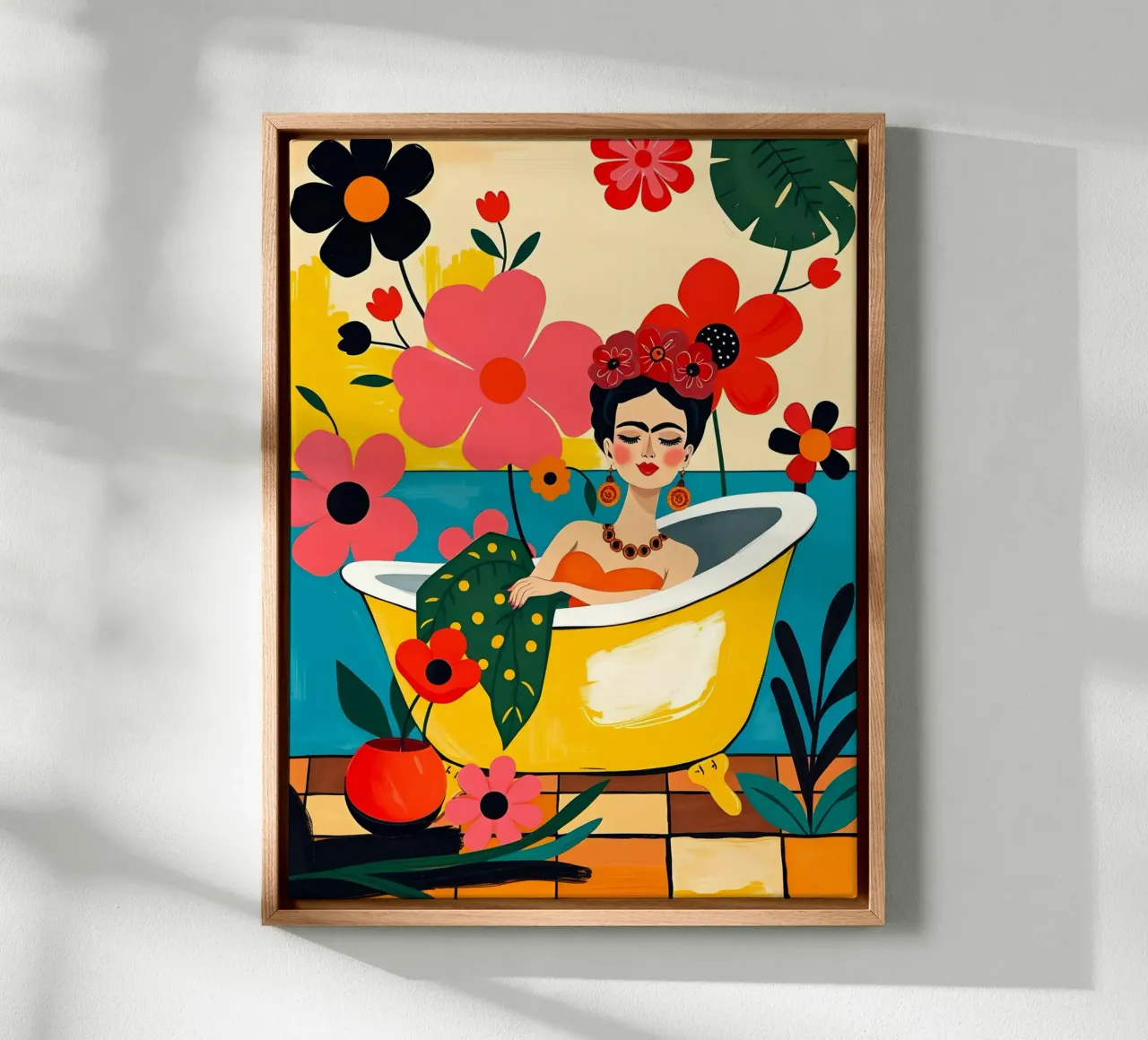 Frida Kahlo in bad canvas met Baklijst van ARTOMATIC