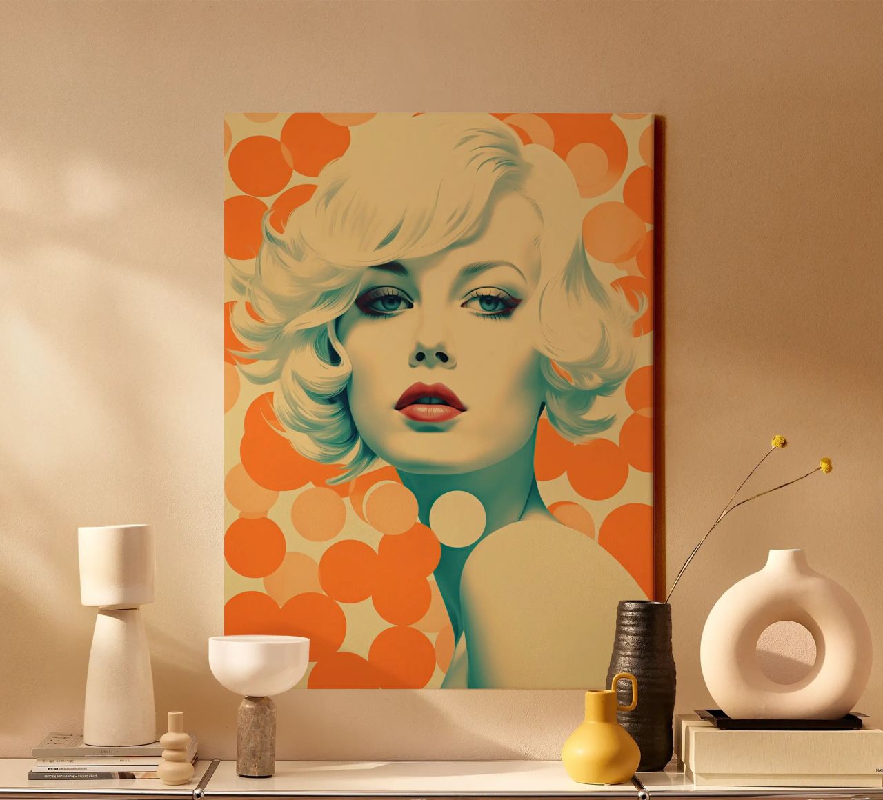 Retro Blondine mit Orangen Punkten Leinwand von Autofocus