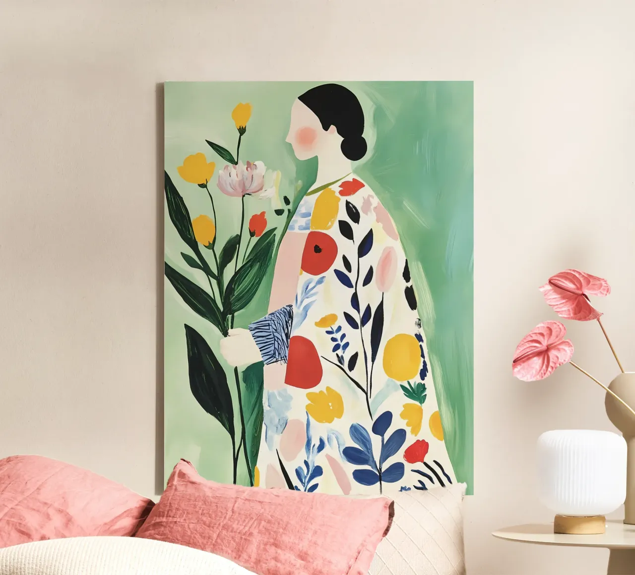 Donna con fiori tela con Cornice a cassetta da IamHomeStudio