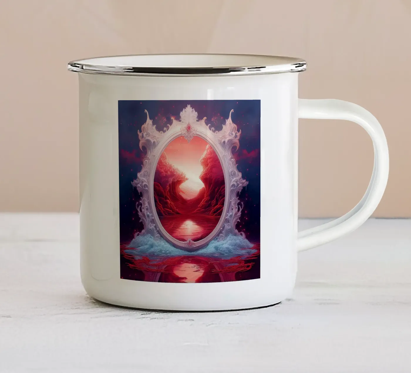 withe frame Emaille Tasse von kimmindmuse