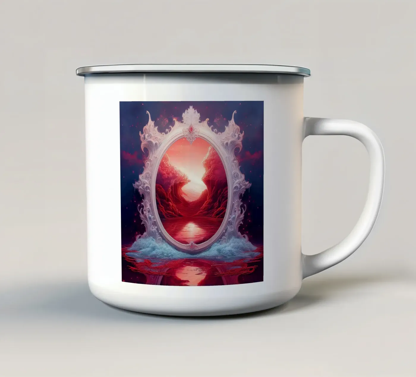 withe frame Emaille Tasse von kimmindmuse