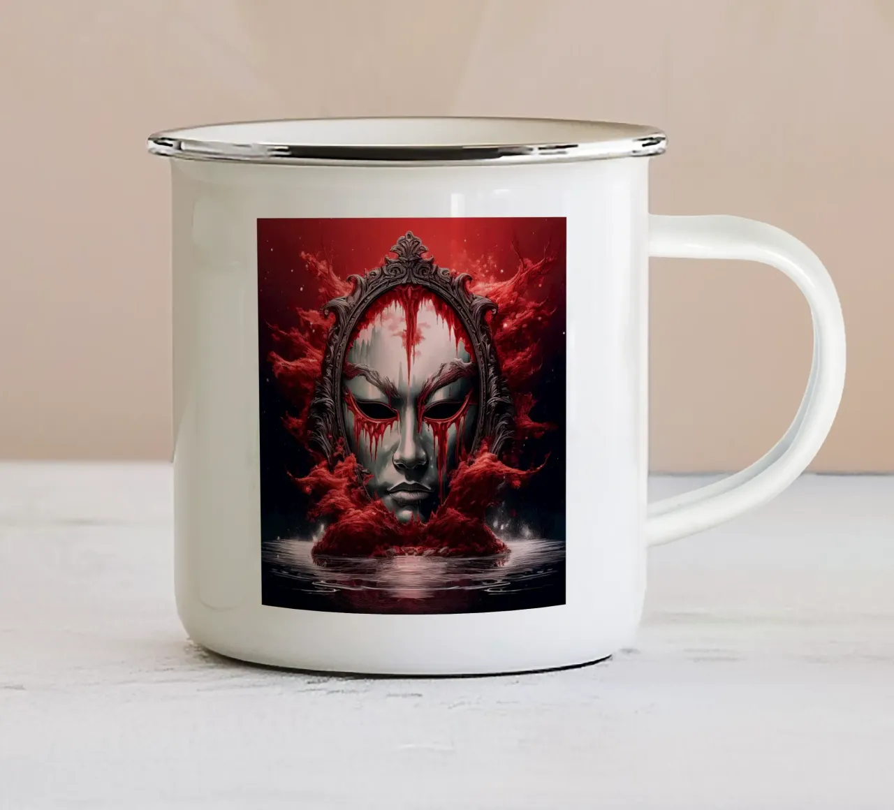 maschera giapponese tazza in smalto da kimmindmuse