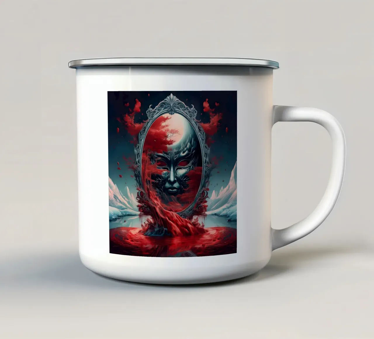 maschera2 tazza in smalto da kimmindmuse