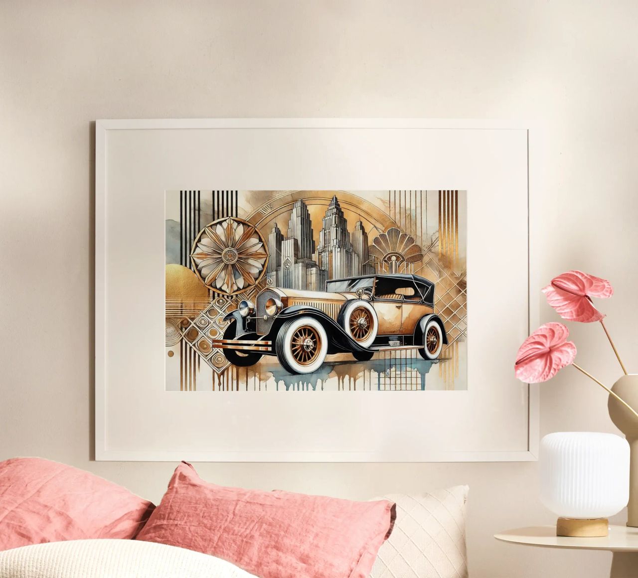 Voiture classique avec touche Art déco poster de Chromatic Fusion Studio