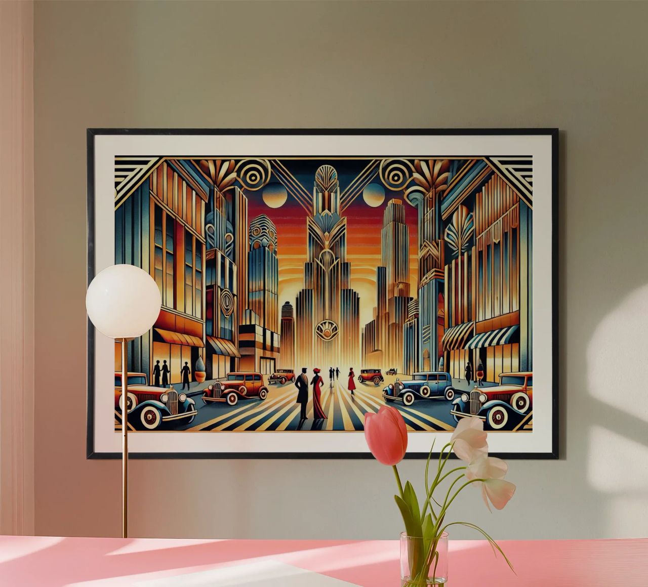 Elegantes Art-Déco-Stadtbild Poster von Chromatic Fusion Studio
