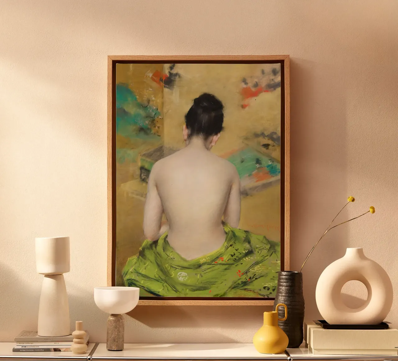 Kleurrijke zittende vrouw canvas met Baklijst van Second Canvas