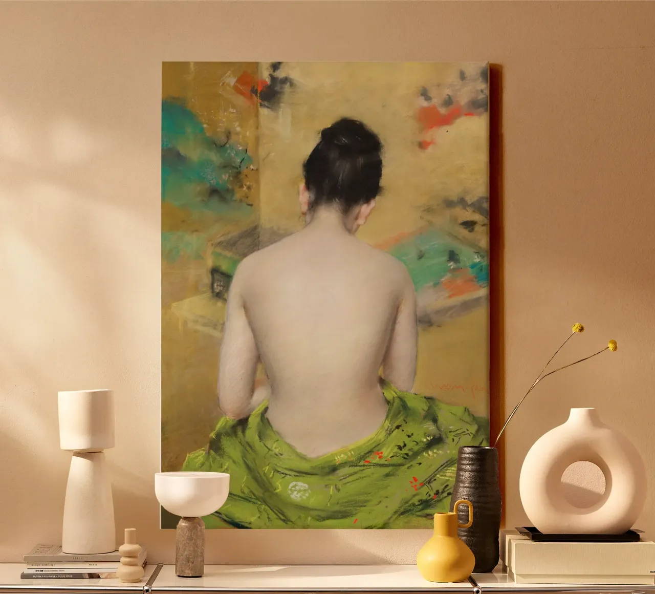 Kleurrijke zittende vrouw canvas met Baklijst van Second Canvas