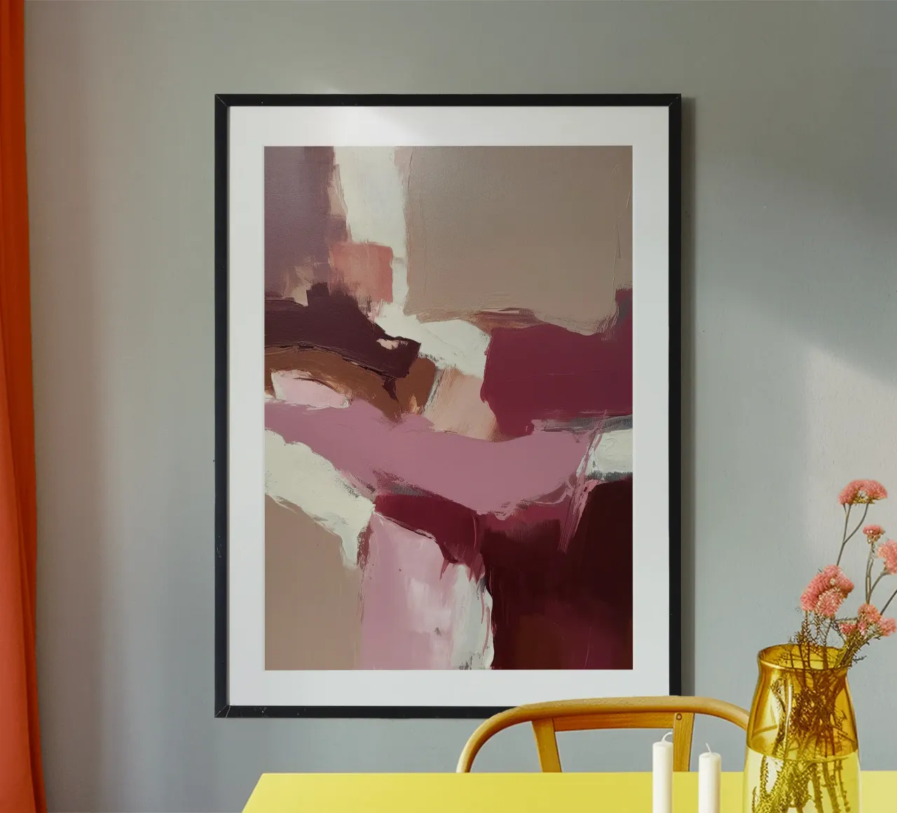 Expressionisme Abstract Schilderij Penseelstreken Roze Bruin poster met houten frame van Euphoria Theresa