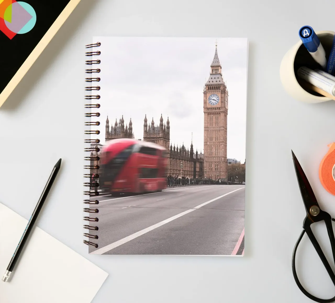 London, England I Big Ben and a red bus in motion spiral notebook by Julie Travel Photography