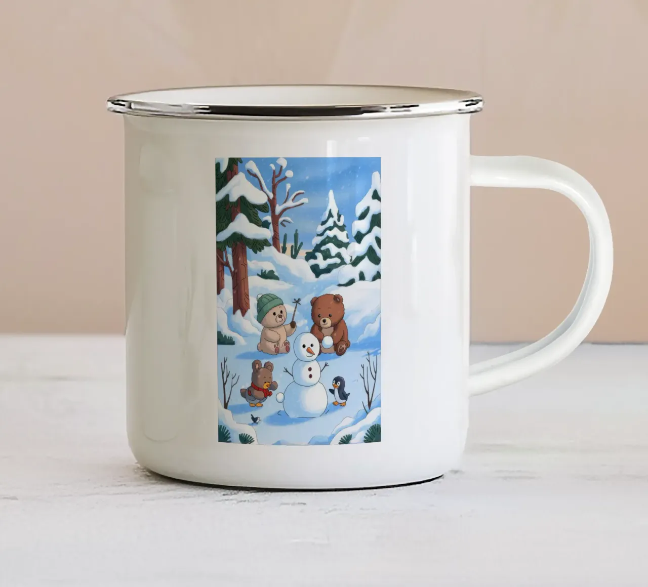 Feestelijke bijeenkomst in Sneeuwland emaille mok van Timeless Huse