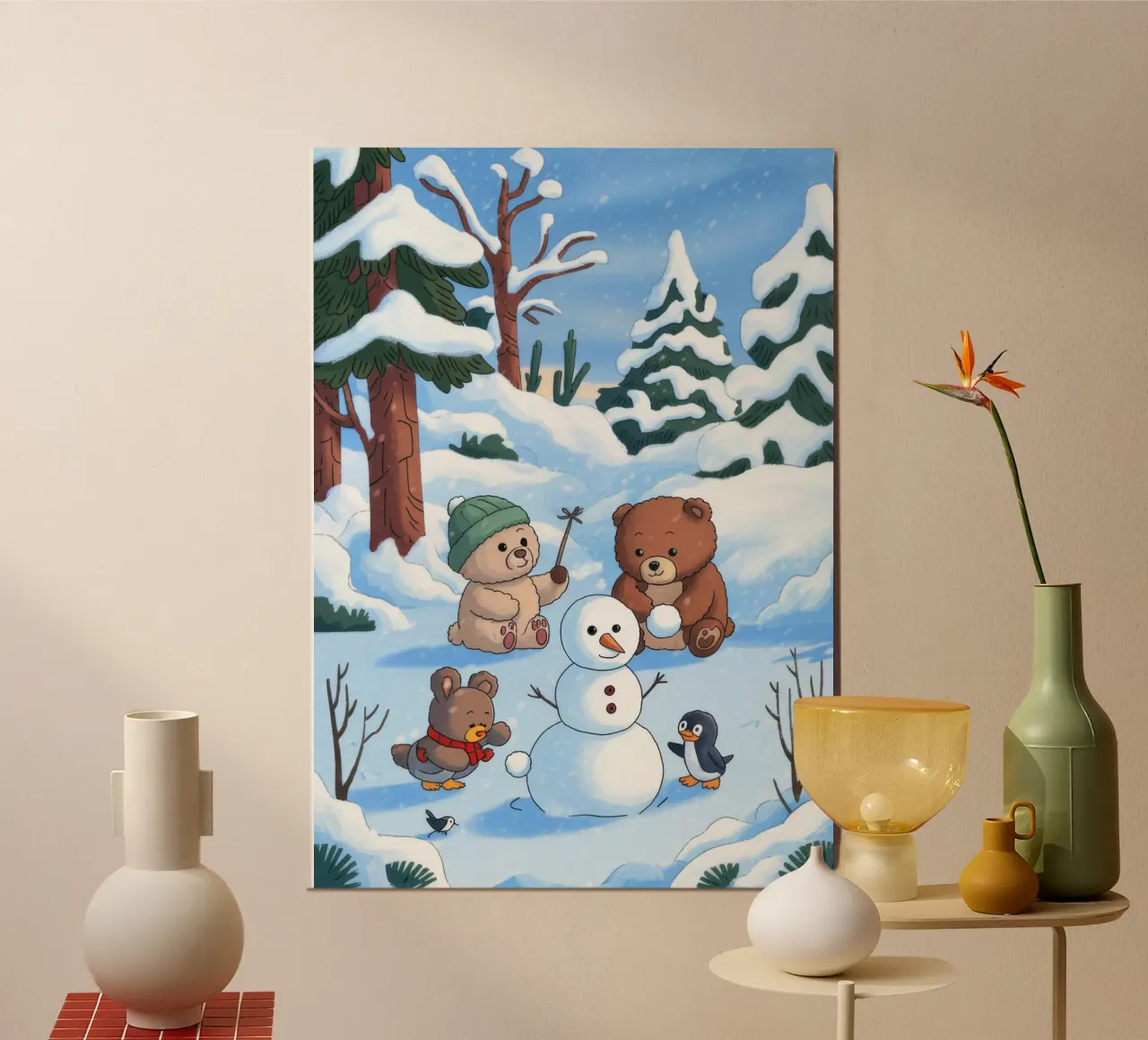 Raduno festivo nel paese delle nevi poster con telaio in legno da Timeless Huse