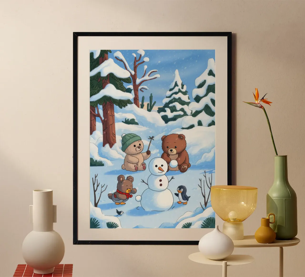 Raduno festivo nel paese delle nevi poster con telaio in legno da Timeless Huse