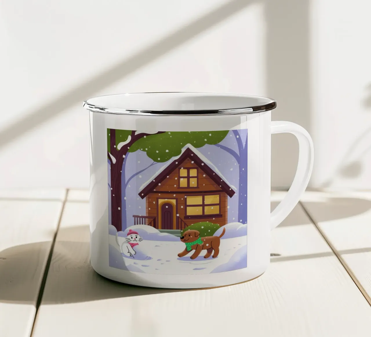 Gita in baita innevata tazza in smalto da Timeless Huse