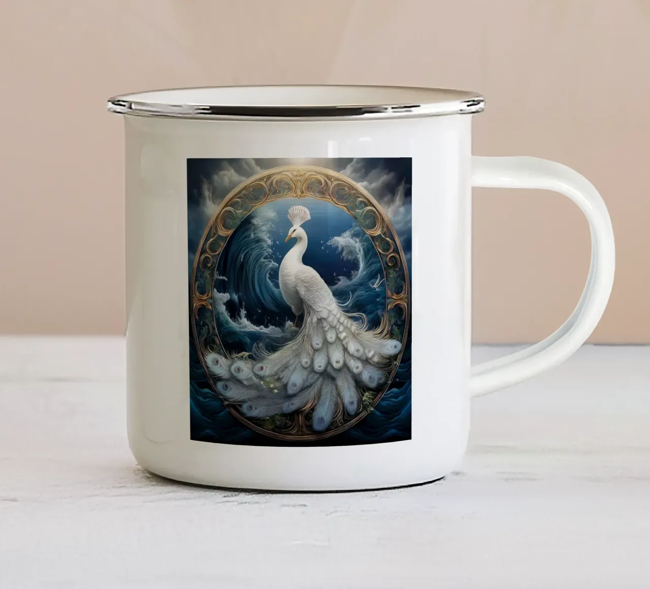 pavone bianco tazza in smalto da kimmindmuse