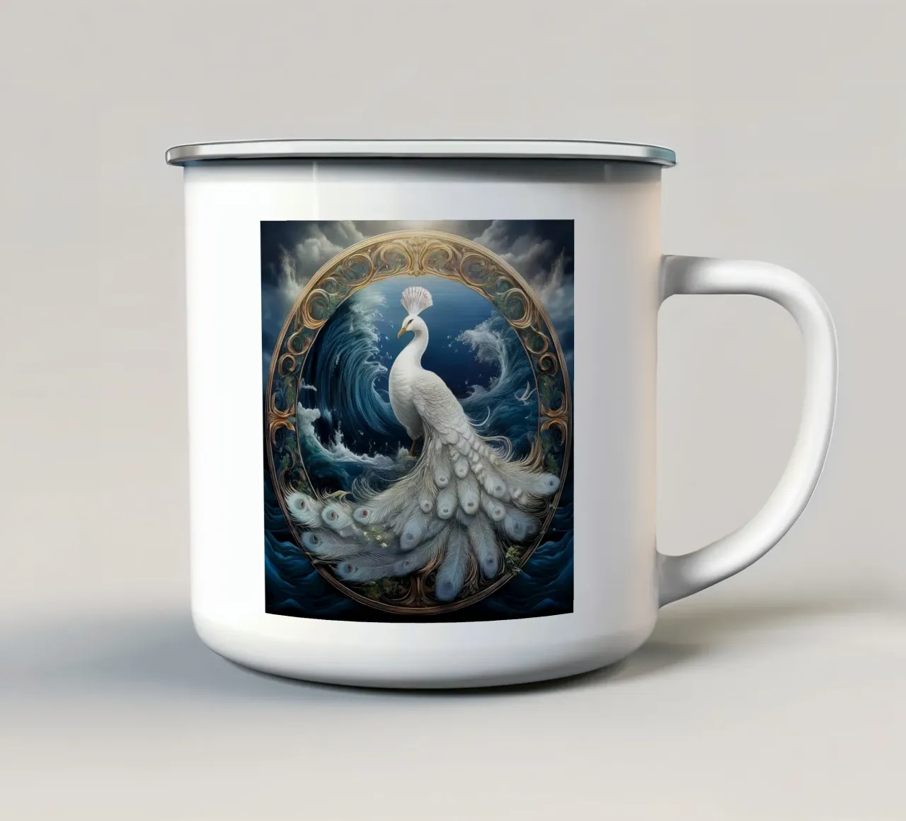 pavone bianco tazza in smalto da kimmindmuse