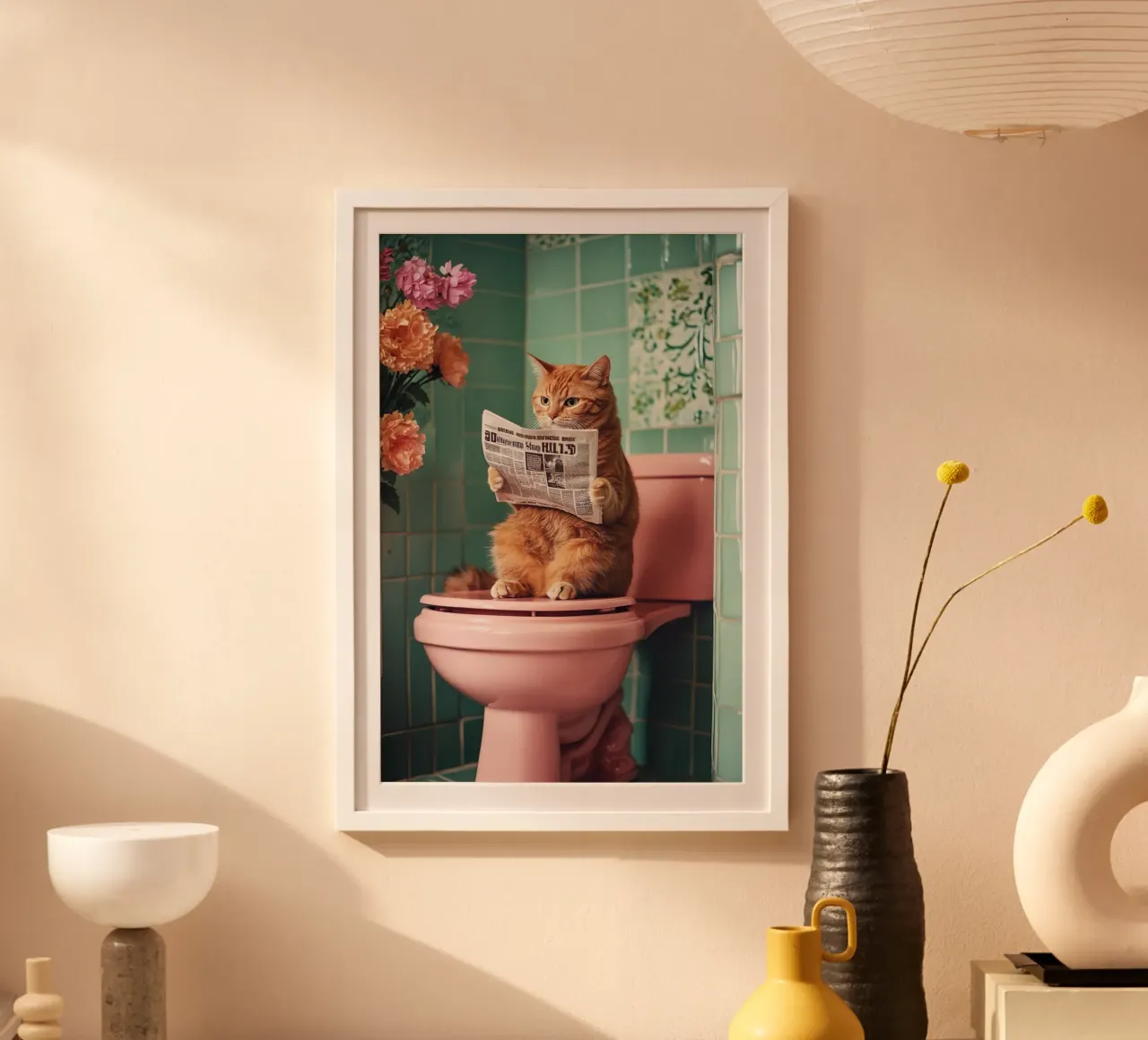 Katze liest Zeitung poster con telaio in alluminio da NORDLICHT DESIGNS