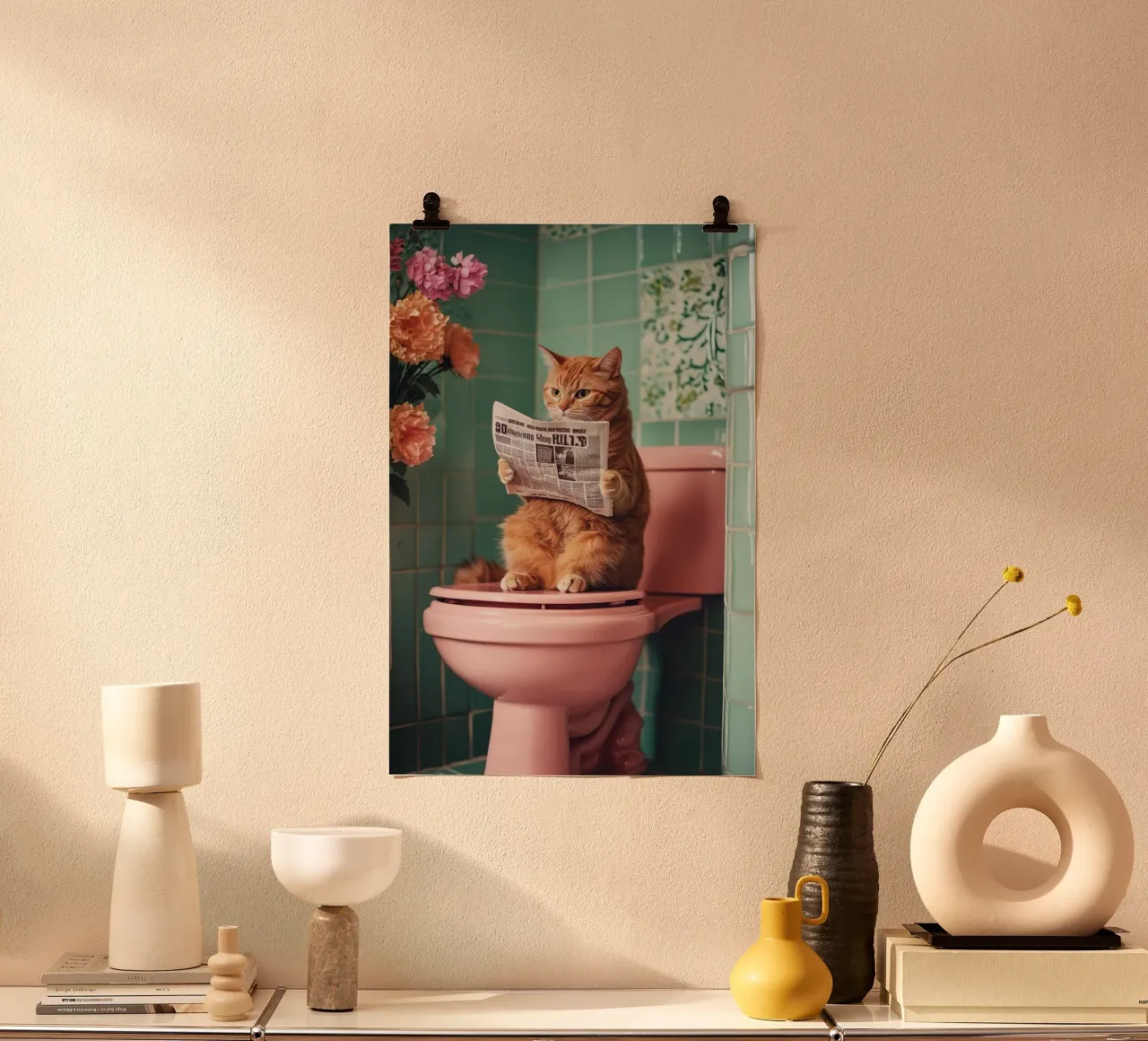 Katze liest Zeitung poster con telaio in alluminio da NORDLICHT DESIGNS
