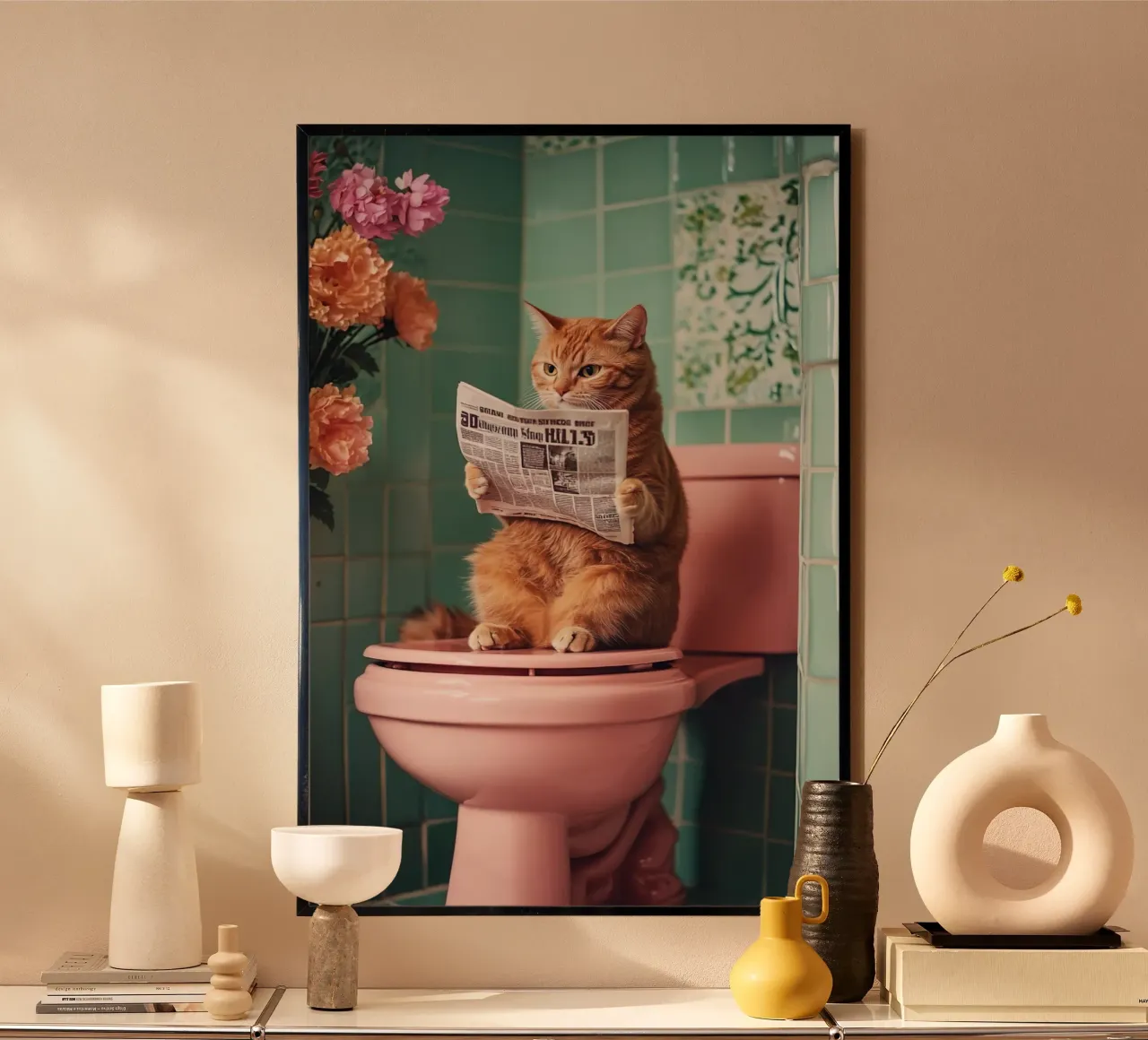 Katze liest Zeitung poster con telaio in alluminio da NORDLICHT DESIGNS