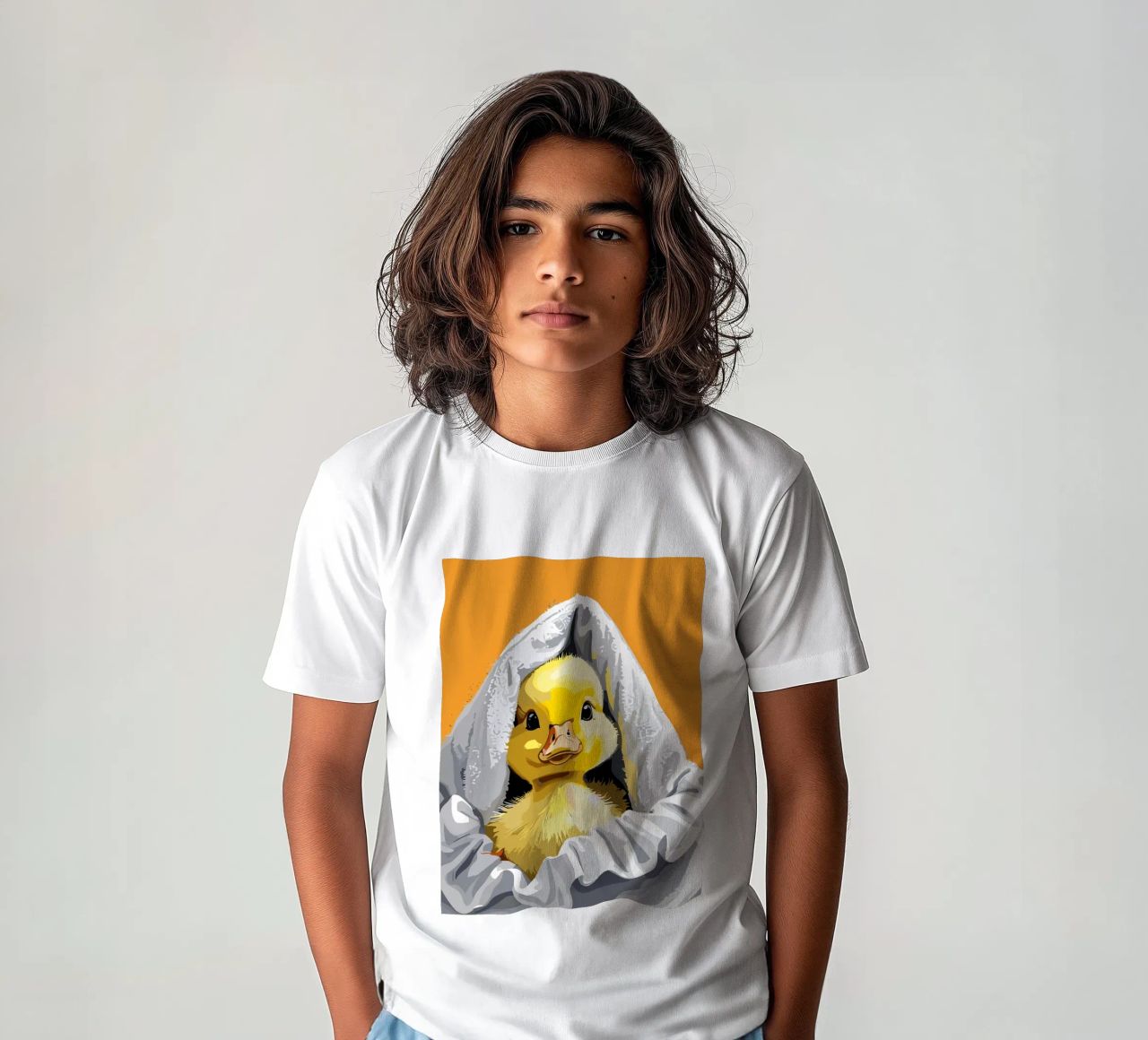 Duckling peeking from under a soft t-shirt bambini da LisaArtes