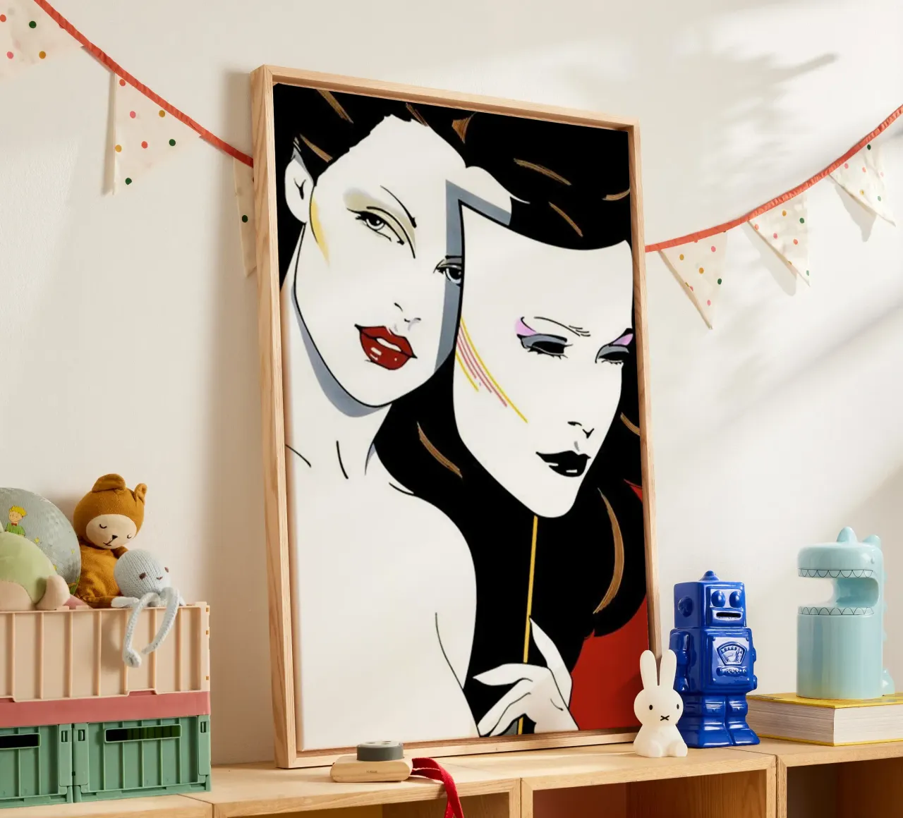 Patrick Nagel Women and mask canvas met Baklijst van avissta