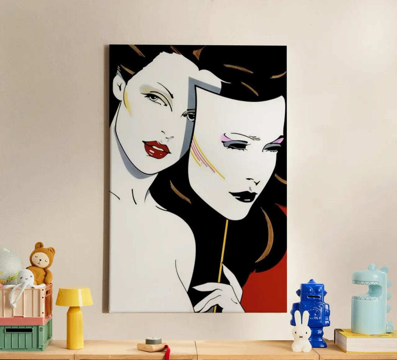 Patrick Nagel Women and mask canvas met Baklijst van avissta