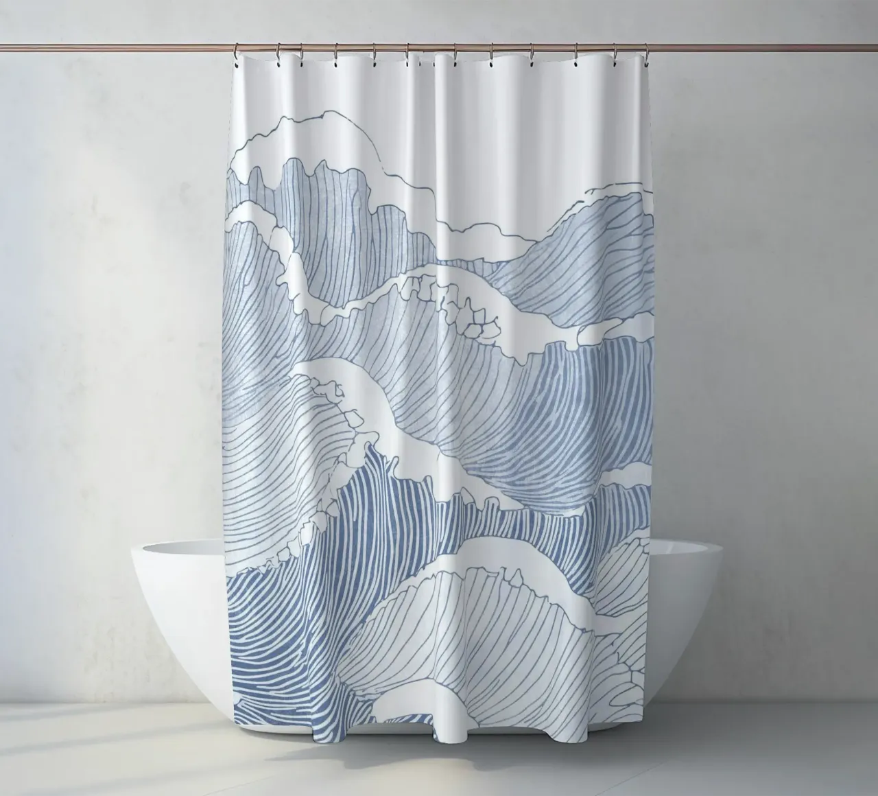 Blue Wave Line Art - Minimalist Ocean Illustration shower curtain by Melloi Art Print