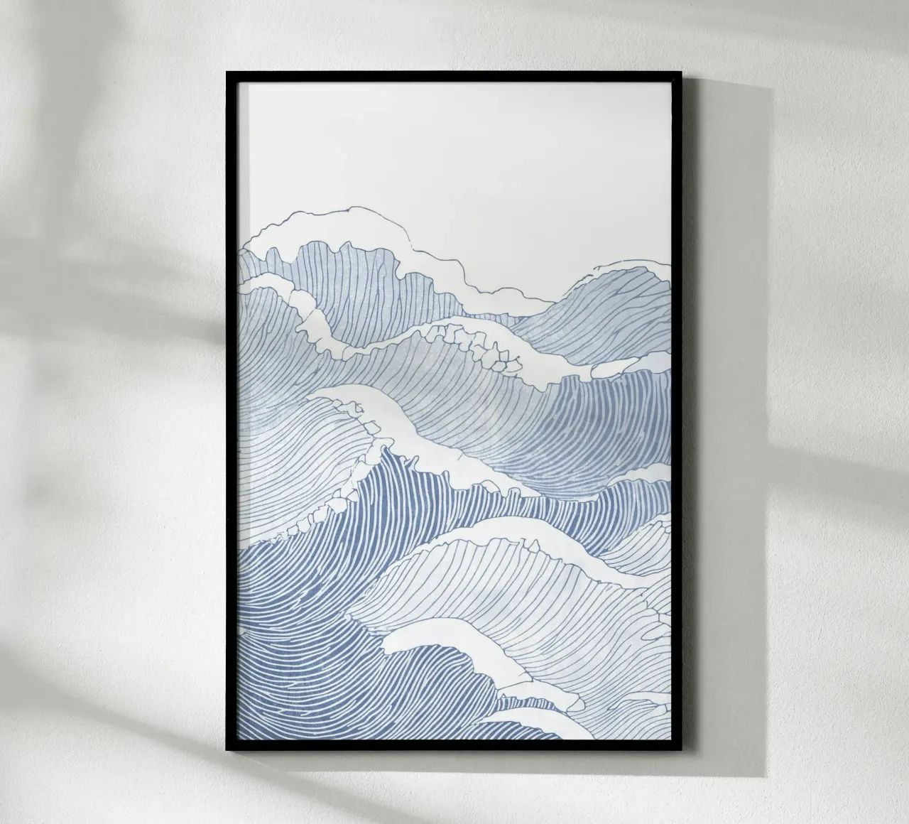 Linea d'arte dell'onda blu - Illustrazione minimalista dell'oceano poster con telaio in alluminio da Melloi Art Print