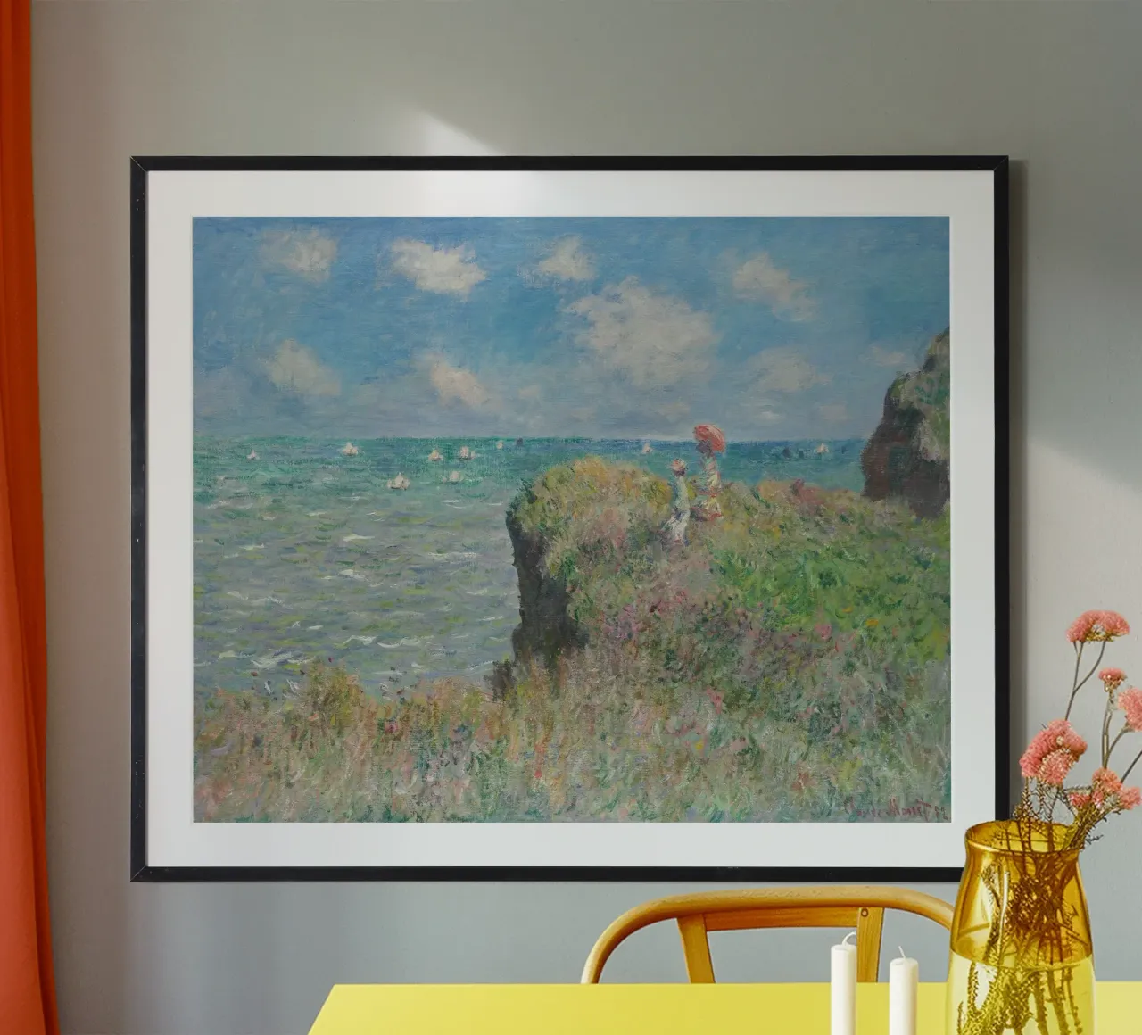Claude Monet - Passeggiata sulla scogliera di Pourville poster con telaio in legno da Timeless Artworks