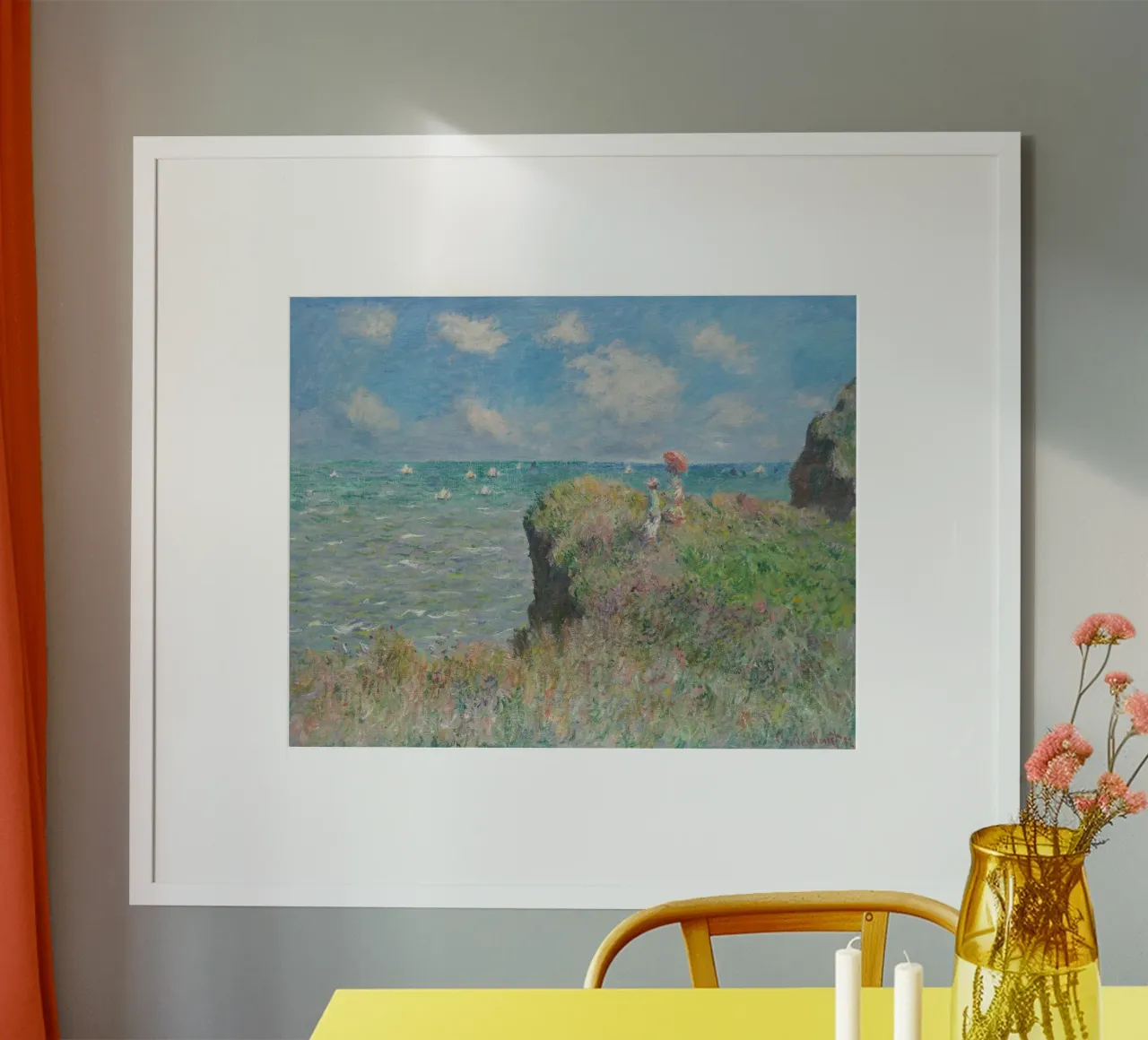 Claude Monet - Passeggiata sulla scogliera di Pourville poster con telaio in legno da Timeless Artworks