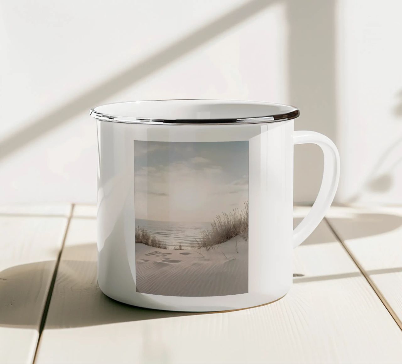 spiaggia beige minimalsm tazza in smalto da mitaco