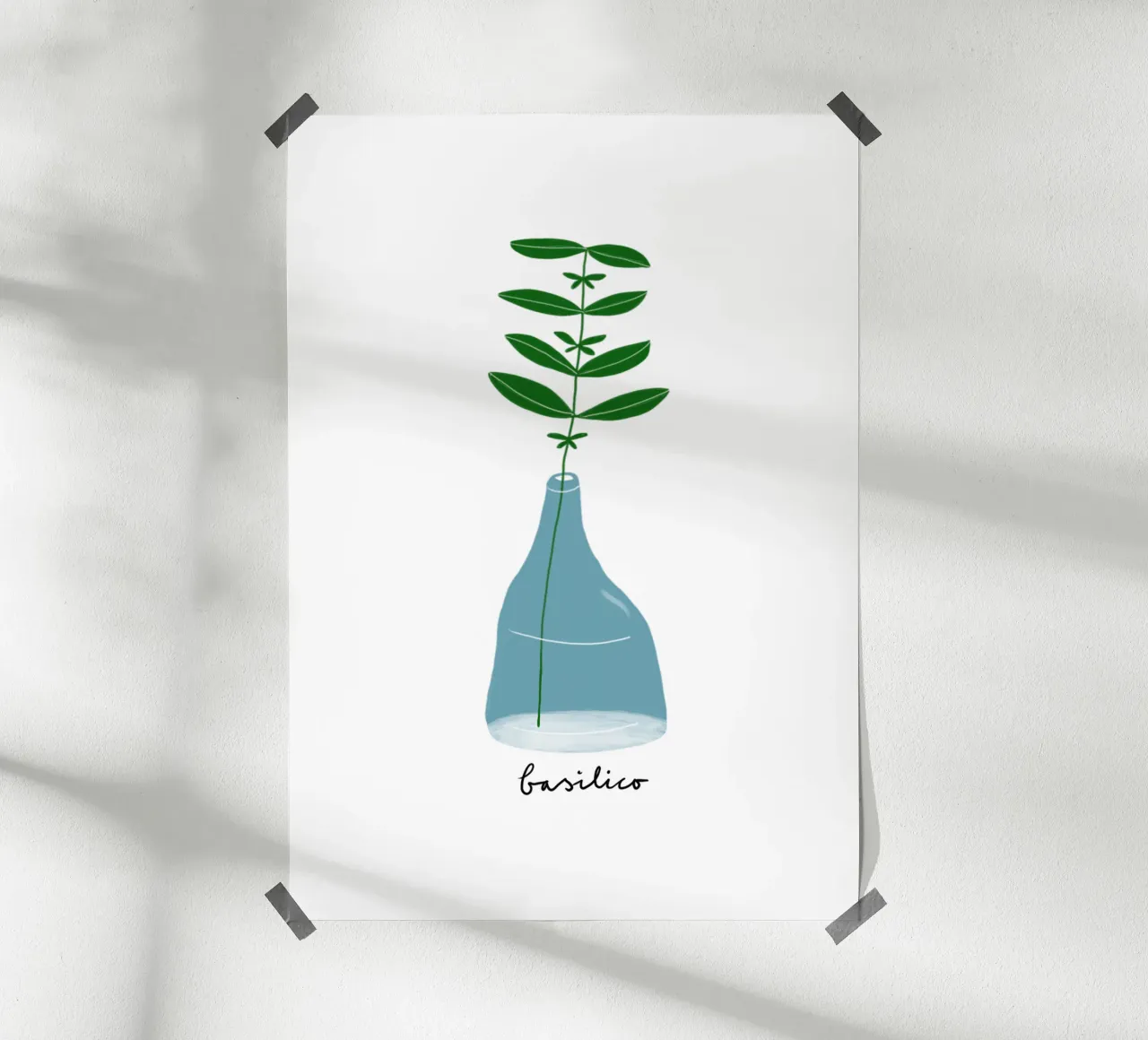Cucina italiana erbe aromatiche basilico poster con telaio in legno da Studio Patruschka