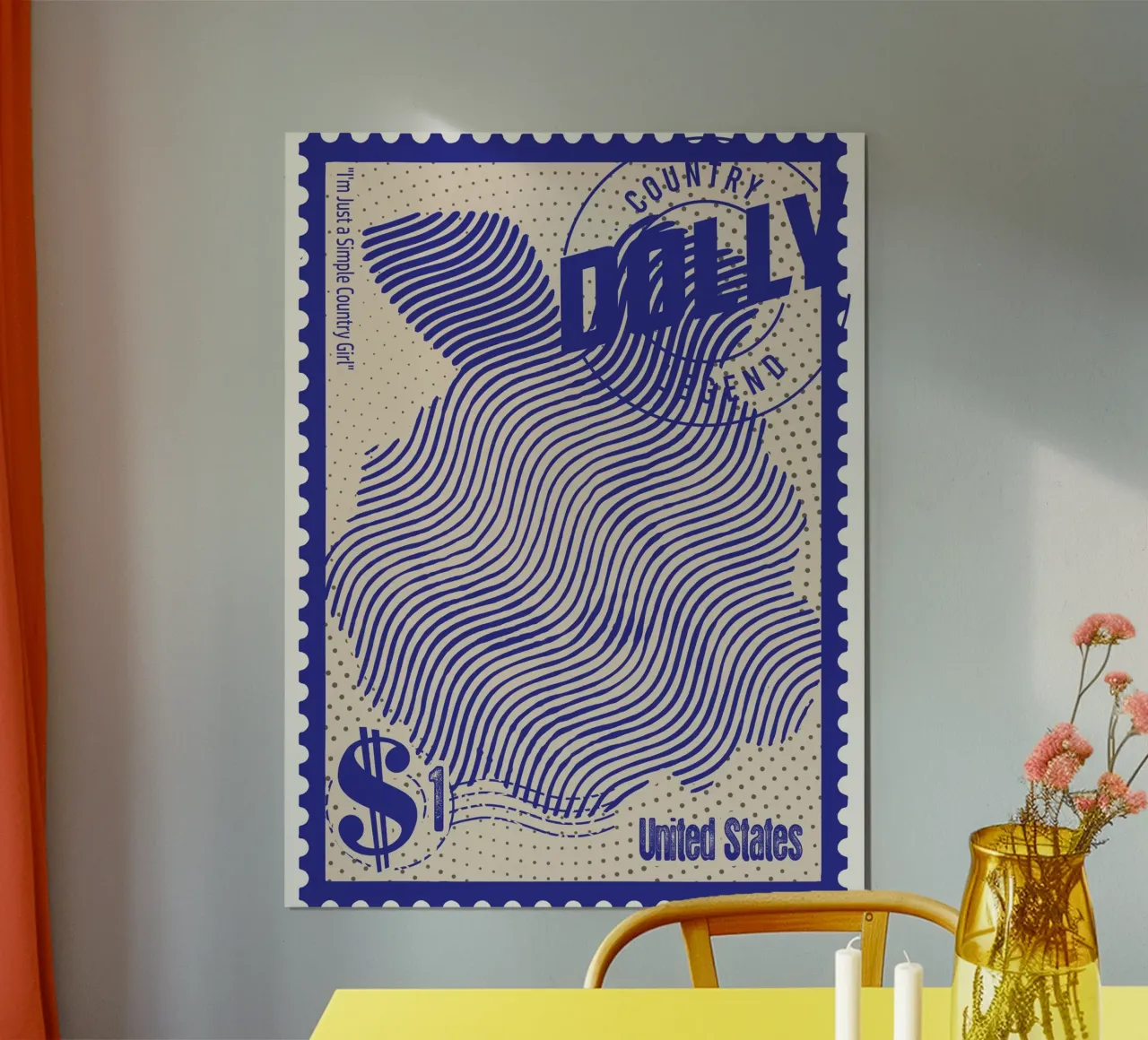 Francobolli Dolly Parton arte poster con telaio in legno da Doa Project