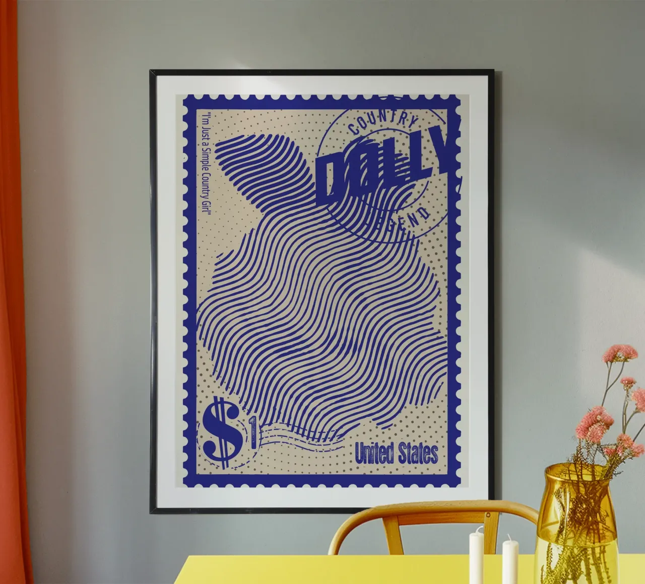 Francobolli Dolly Parton arte poster con telaio in legno da Doa Project