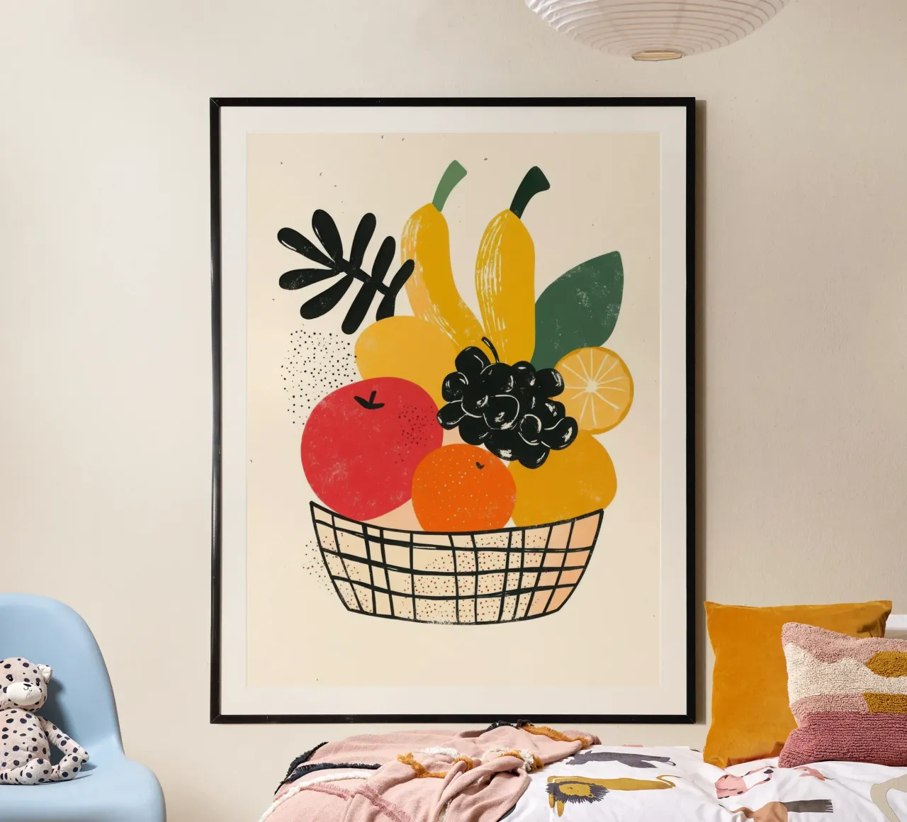 Retro-chic fruit basket poster with wooden frame by Pop and Fruits - Affiches & posters