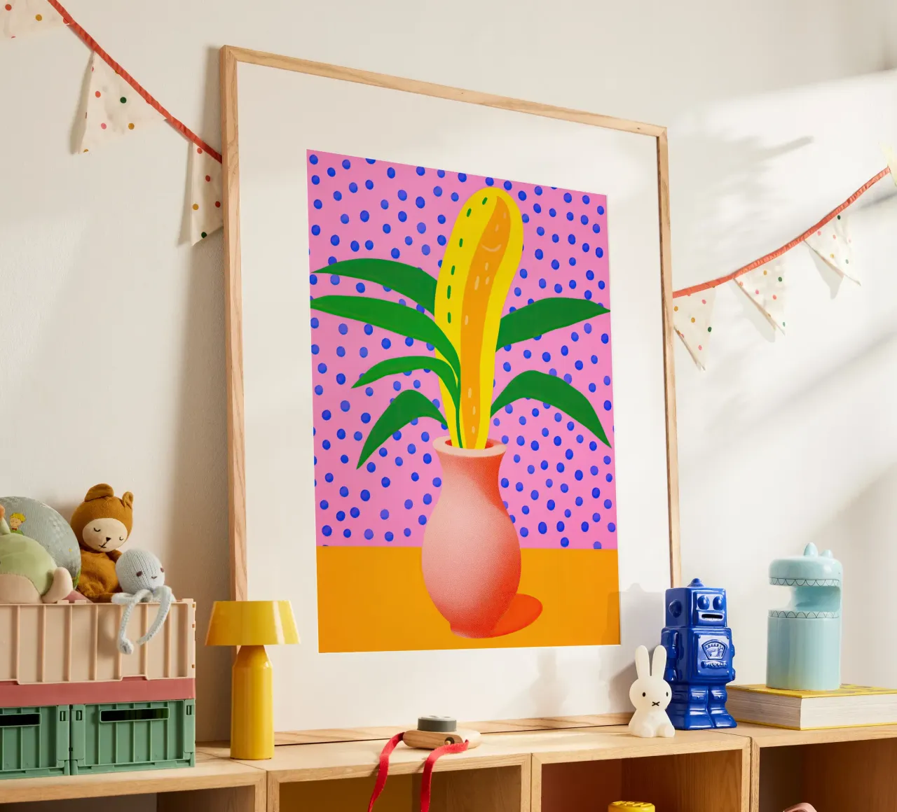 Natura morta pop art di fiori fantasia in rosa poster con telaio in plastica da Autofocus